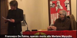 Morti sul lavoro, il Pci a Schio testa con successo un nuovo linguaggio per temi storicamente attuali della sinistra. Pierpaolo Capovilla legge anche l’intervista a Francesco De Palma morto alla Marlane Marzotto