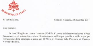 Papa Francesco tramite il Cardinale Pietro Parolin risponde a Gruppo Mamme No Pfas: il papa è vicino, ha chiesto informazioni a mons. Beniamino Pizziol