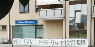 You can’t piss on kids! Forza Nuova Vicenza: il primo maggio striscione a Thiene contro atti osceni in presenza di bambini
