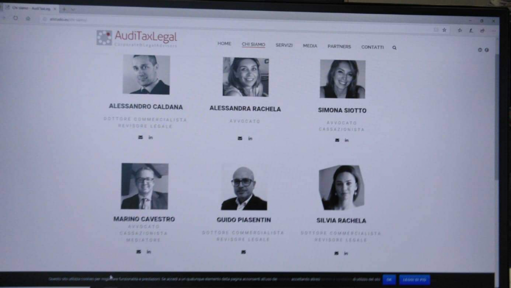 La schermata di Lucangeli con le foto di Siotto e Rachella nello staff dello studio AudiTaxlegal