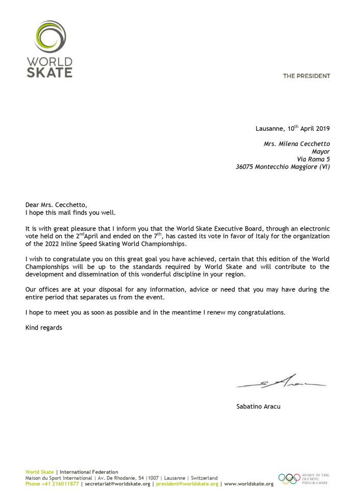 Letter by World Skate President