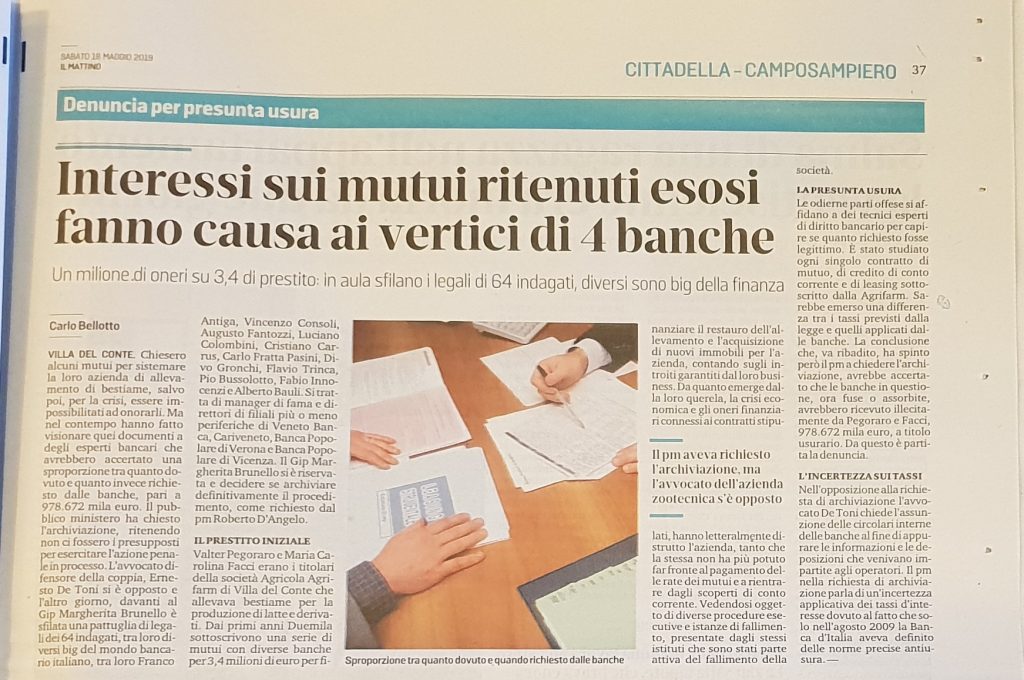 Articolo su processo contro l'usura de Il mattino di Padova del 18 maggio