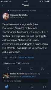 Il twit di Carofiglio sull'inchino di Donazzan