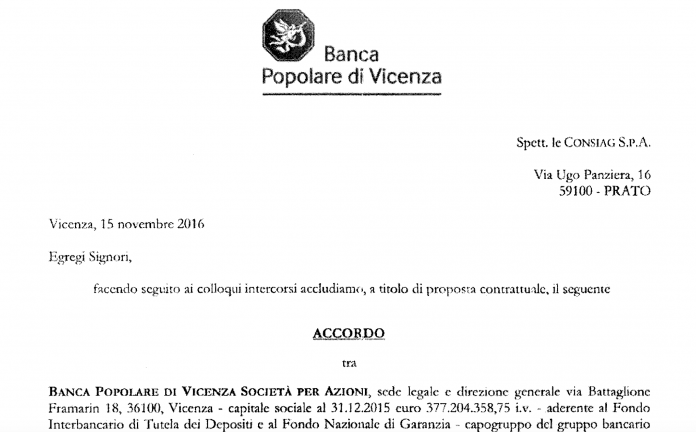 L'intestazione dell'accordo di indennizzo per la baciate tra BPVi e Consiag L'intestazione dell'accordo di indennizzo per la baciate tra BPVi e Consiag