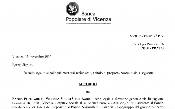 L'intestazione dell'accordo di indennizzo per la baciate tra BPVi e Consiag