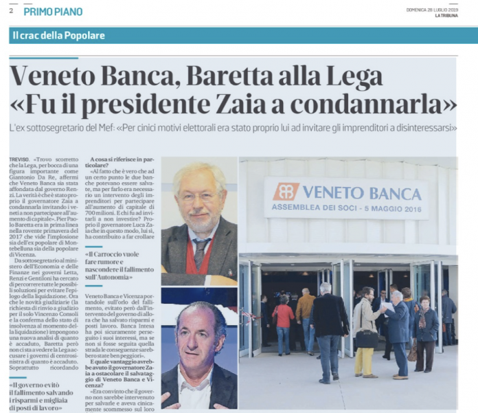 Crac Veneto Banca, le accuse di Baretta a Zaia su La Tribuna di Treviso