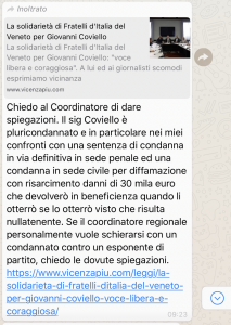 Whatsapp di Elena Donazzan contro Coviello