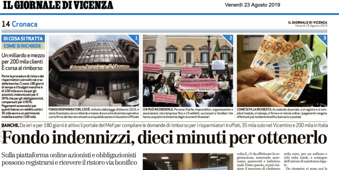 Fondo Indennizzo Risparmiatori, Il Giornale di Vicenza: dieci minuti per ottenerlo...