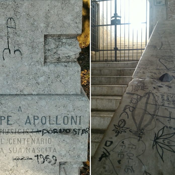 scritte su statua Apolloni e scalinata Basilica palaldiana