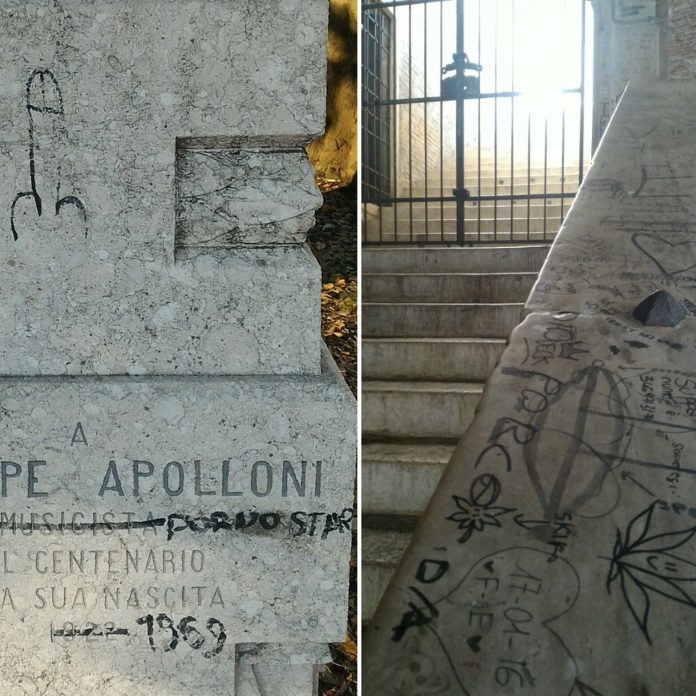 scritte su statua Apolloni e scalinata Basilica palaldiana scritte su statua Apolloni e scalinata Basilica palaldiana