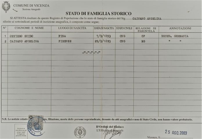Il certificato di residenza inedito dei coniugi Orvieto ottenuto da autrice Paola Farina nel 2003