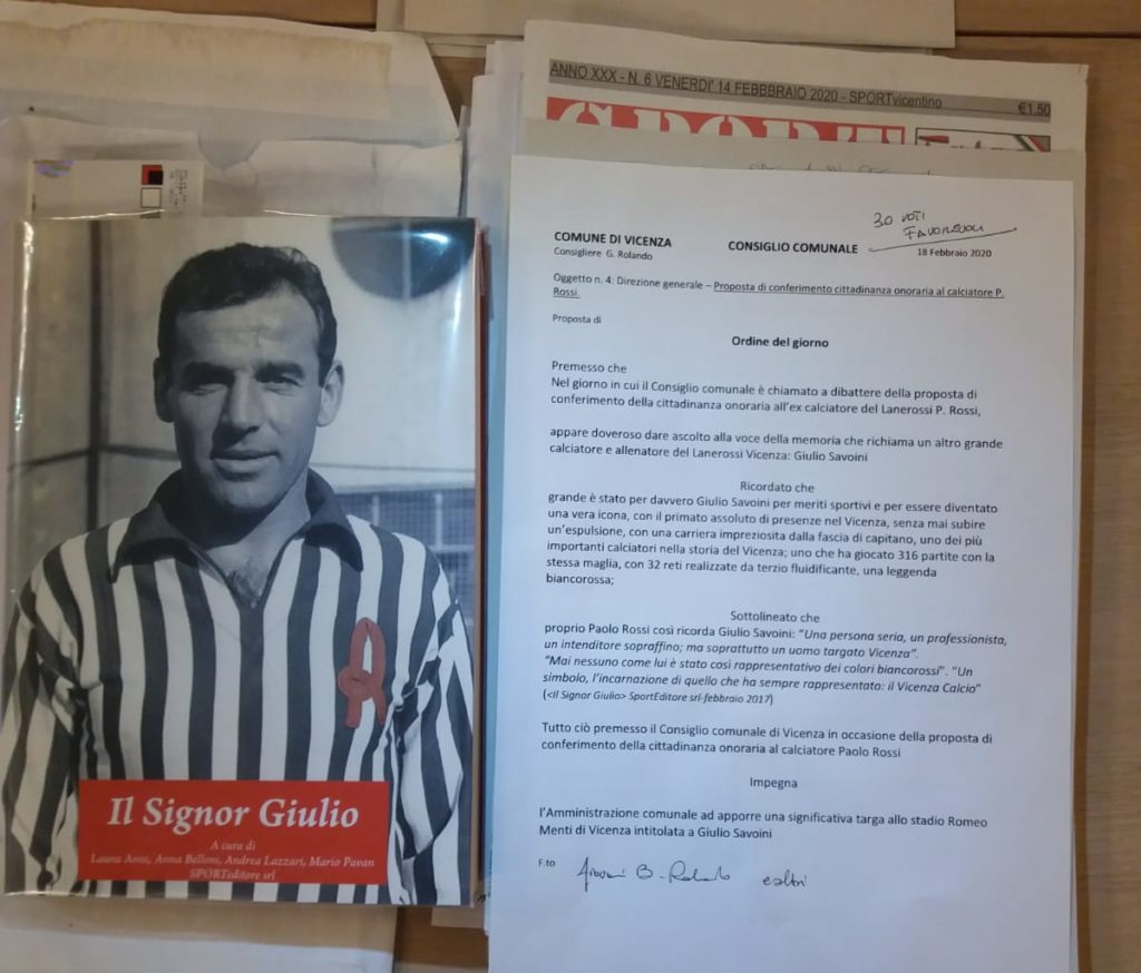 Ordine del giorno a prima firma di Giovanni Rolando per targa al Menti dedicata a Giulio Savoini