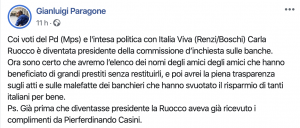 La fake news di Gianluigi Paragone su Ruocco e Italia Viva