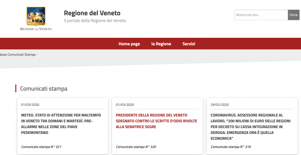La pagina del sito della regina Veneto con la solidarietà alla Senatrice Segre ma non le scuse alla Cina