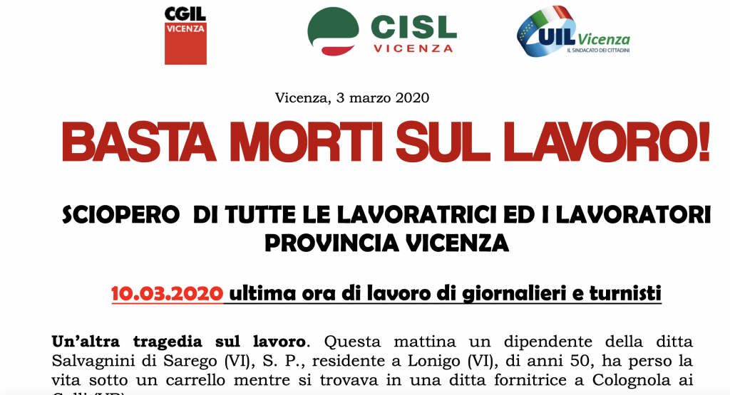 Il volantino Cgil, Cisl e Uil  per lo sciopero contro le morti sul lavoro