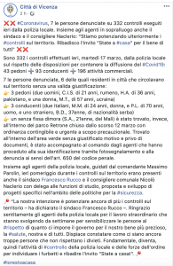 Coronavirus, post del Comune di Vicenza con lista delle nazionalità dei controllati non in regola