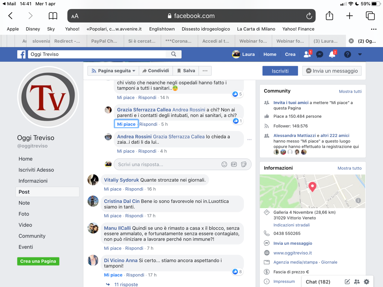 Coronavirus, messaggi sulla pagina FB di Oggi Treviso