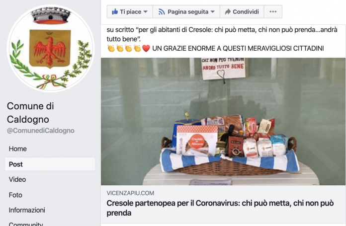 Pagina FB ufficiale di Caldogno approva la solidarietà di Cresole