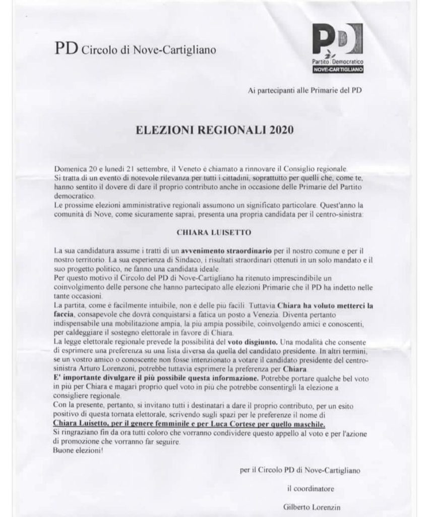 Circolo Pd Nove Cartigliano invita al voto disgiunto per Luisetto