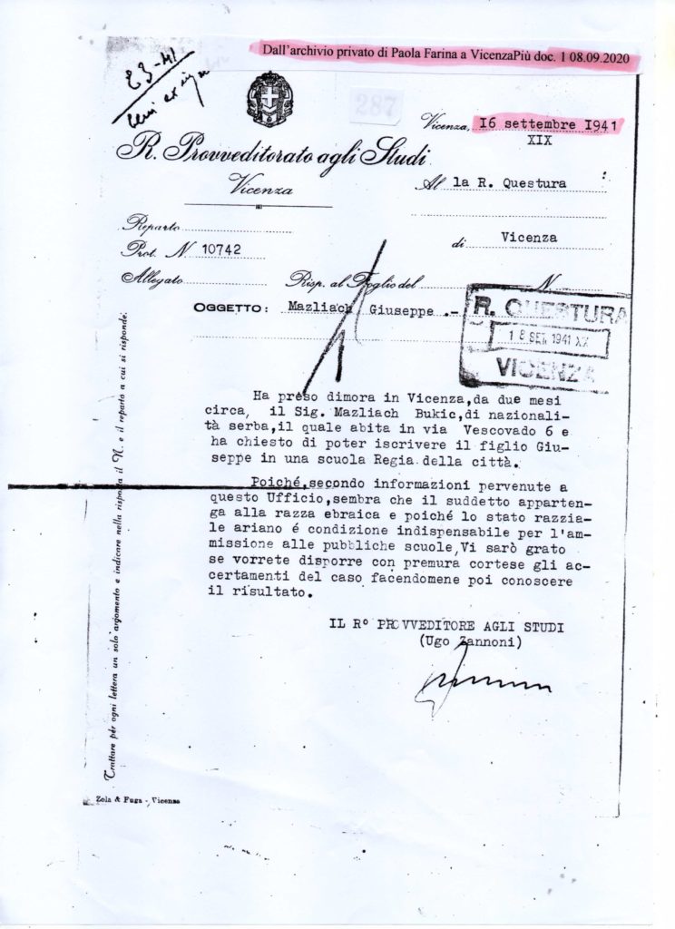 Documento del provveditore agli studi Ugo Zannoni