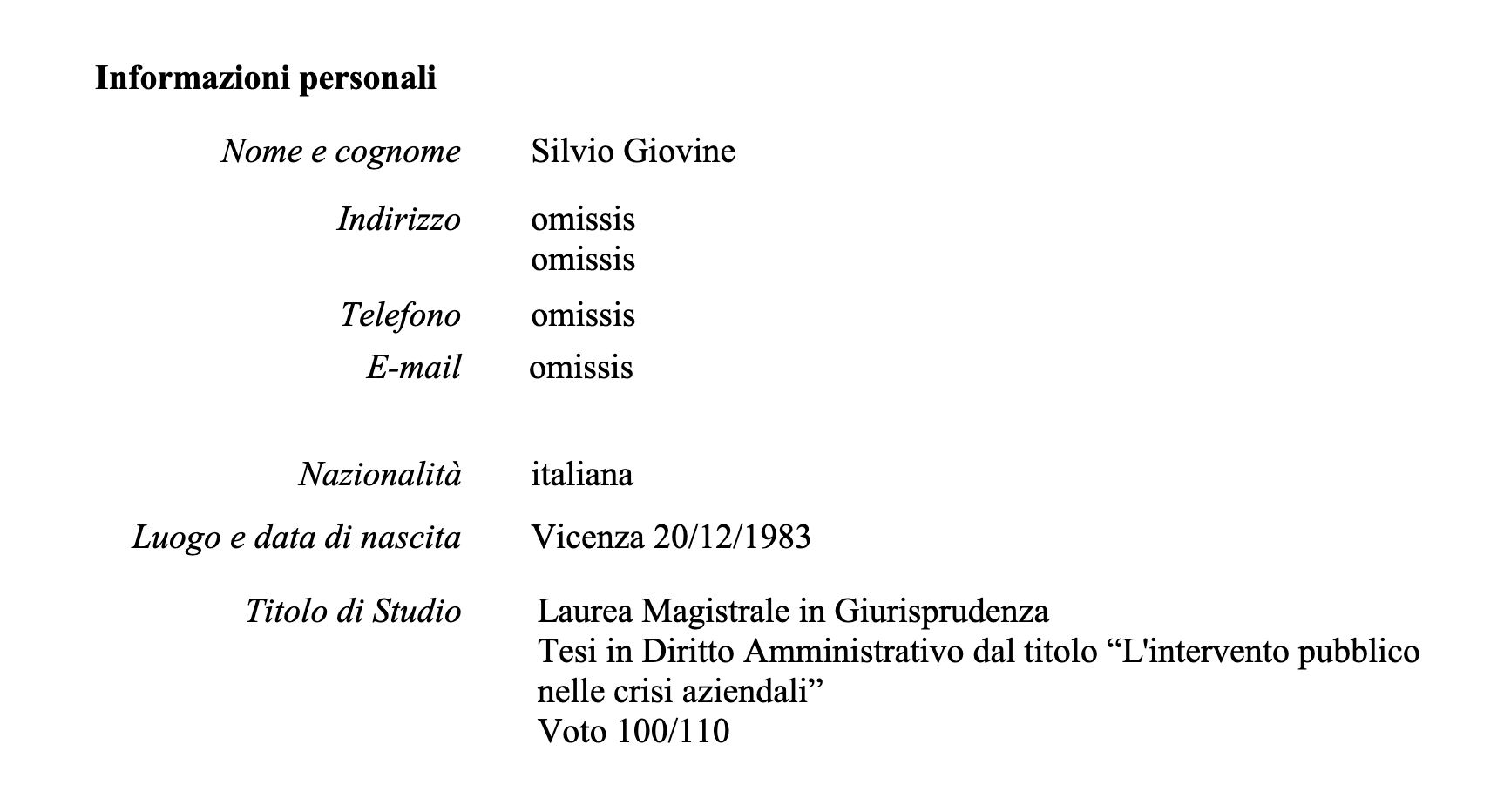 Parte iniziale del curriculum di Silvio Giovine attualmente sul sito del Comune