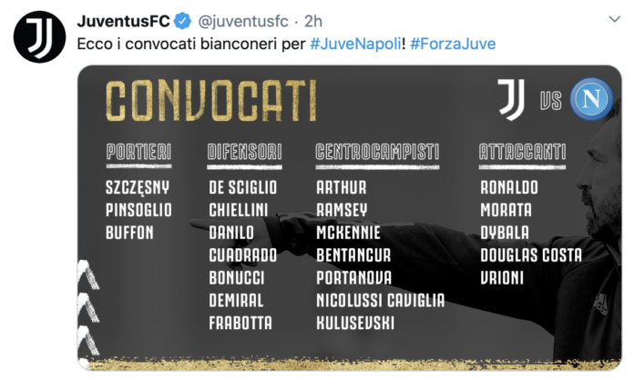 Twittatosi del convocati della Juventus per partita col Napoli bloccato da Asl