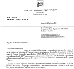 Consiglio della Regione Veneto, missiva Berlato al procuratore Cherchi protocollo 119/2019