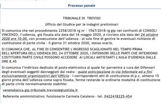 Processo Veneto Banca: la convocazione dell'udienza del 24 ottobre