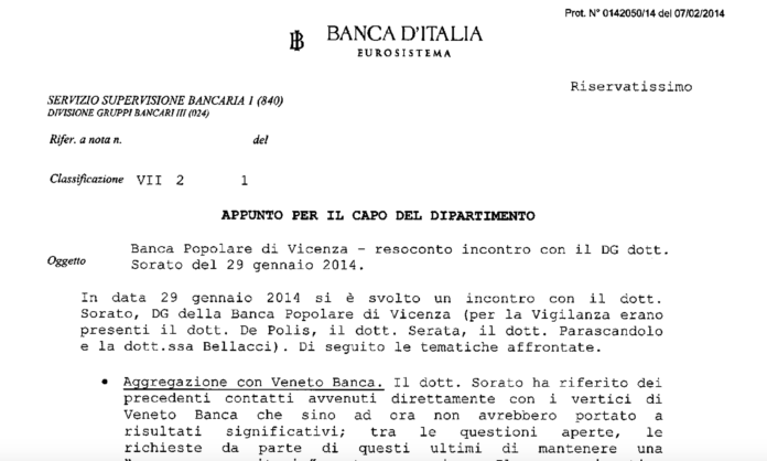 APPUNTO PER IL CAPO DEL DIPARTIMENTO Riservatissimo Oggetto Banca Popolare di Vicenza - resoconto incontro con il DG dott. Sorato del 29 gennaio 2014.