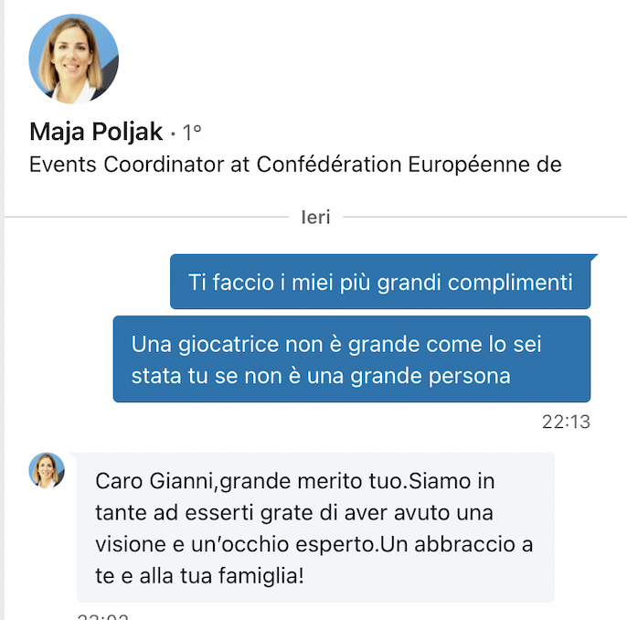 Maja Poljak ringrazia Coviello per la sua carriera anche a nome di tante altre campionesse