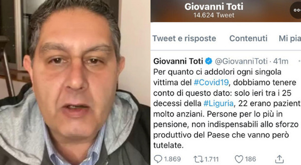 Covid, Toti e il tweet rinchiudi anziani