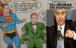 Jimmi Olsen tra Superman e il fratello SuperConsoli, con tentacoli onnipresenti