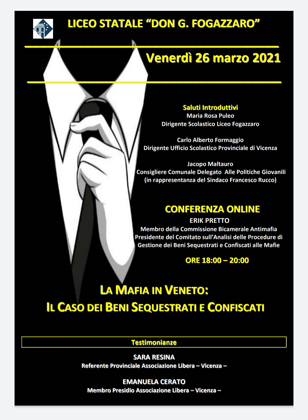 Locandina evento al Fogazzaro di Vicenza sulla Mafia in Veneto