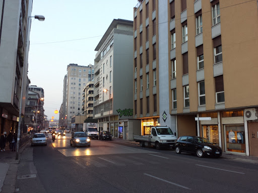 Viale Milano, oggi. Le due cortine di palazzi viste da sud