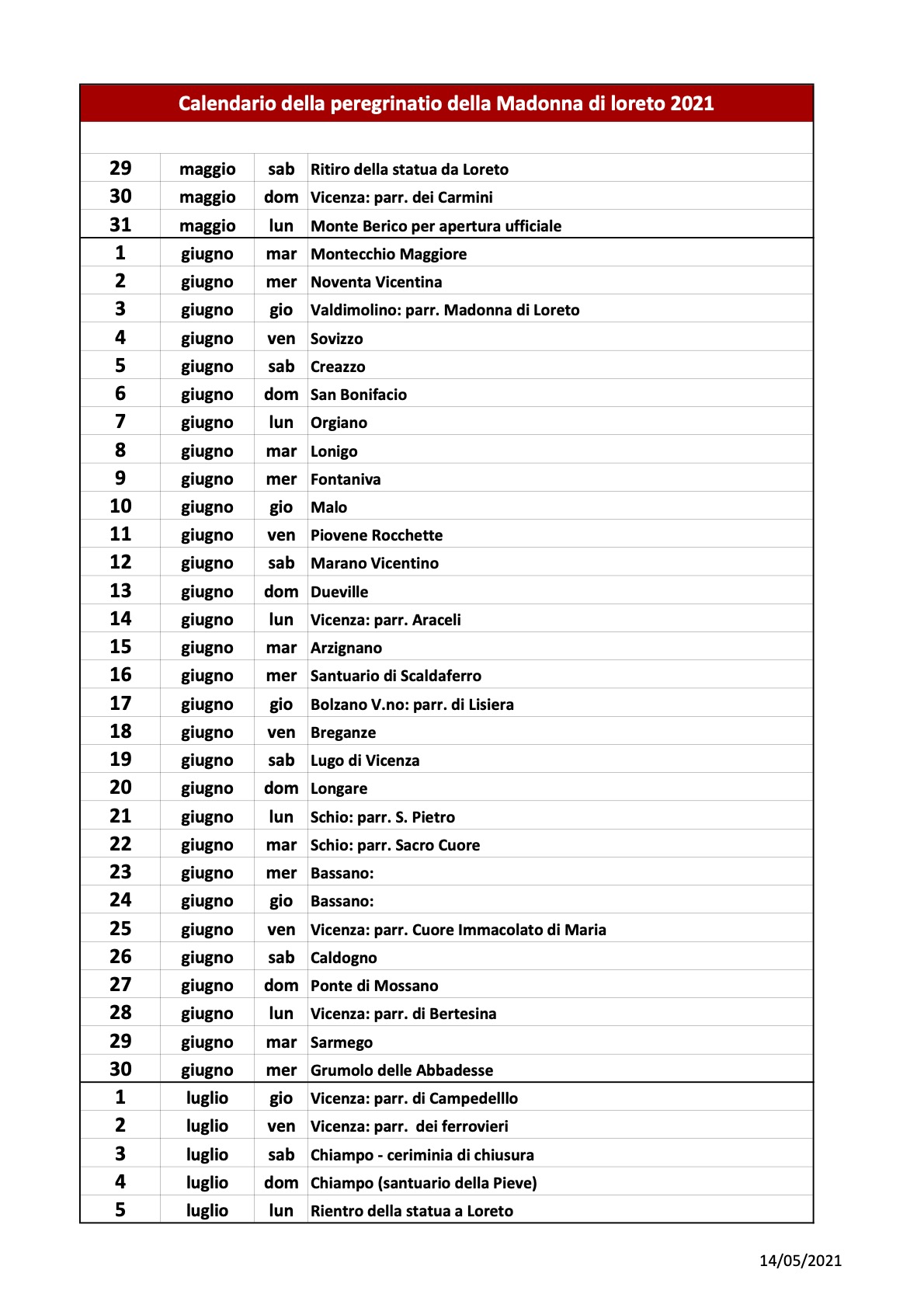 Calendario della peregrinatio della Madonna di loreto 2021