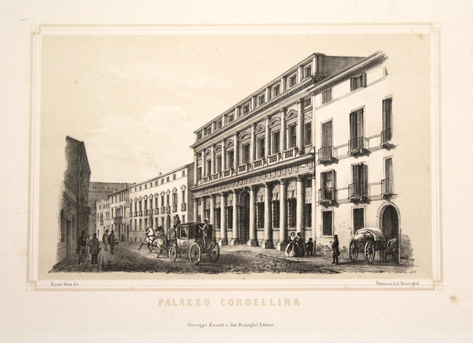Contrà Riale e, al centro, Palazzo Cordellina, in una litografia di Marco Moro del 1847