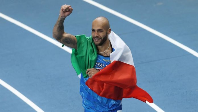 Marcell Jacobs (foto della conquista del titolo europeo indoor dei 60m)