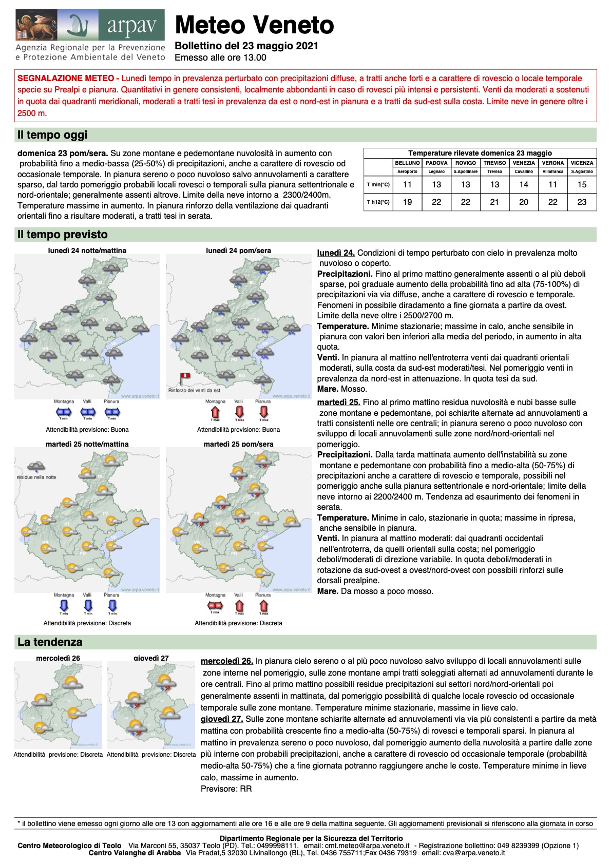 Meteo Veneto, bollettino del 23 maggio 2021