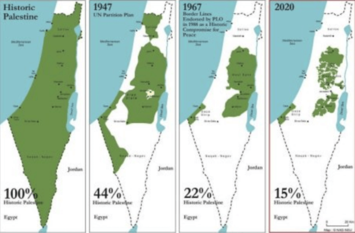 In verde i territori palestinesi ormai ridotti nel tempo al 15% e senza nessun accesso al mare