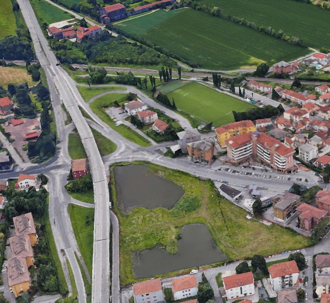 La Porta est di Vicenza. In basso l'ex area industriale Barcaro Zaccaria e in alto a sinistra Ca' Impenta