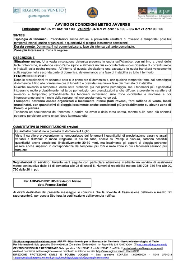 AVVISO DI CONDIZIONI METEO AVVERSE