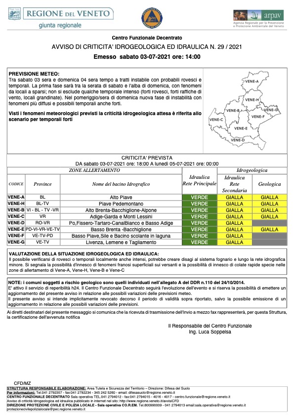 AVVISO DI CRITICITA' IDROGEOLOGICA ED IDRAULICA N. 29 / 2021