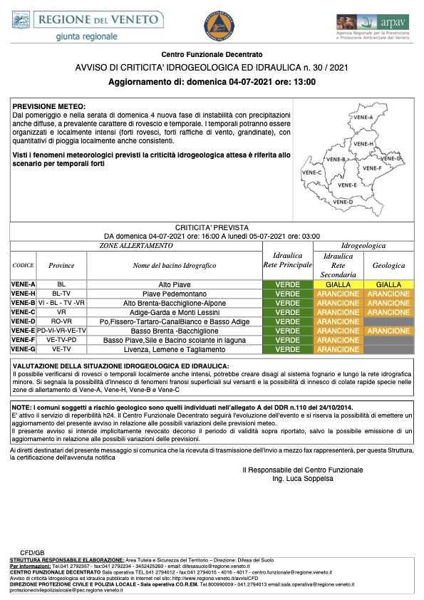 AVVISO DI CRITICITA' IDROGEOLOGICA ED IDRAULICA n. 30 / 2021