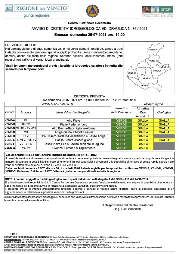 Avviso di criticità idrogeologica e idraulica del 25 luglio alle 14
