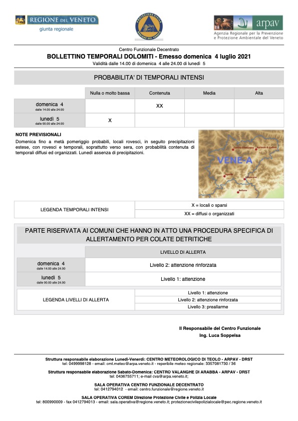  BOLLETTINO TEMPORALI DOLOMITI - Emesso domenica 4 luglio 2021