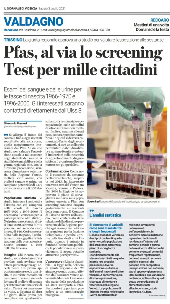 Pfas a Trissino, al via lo screening (da Il Giornale di Vicenza)