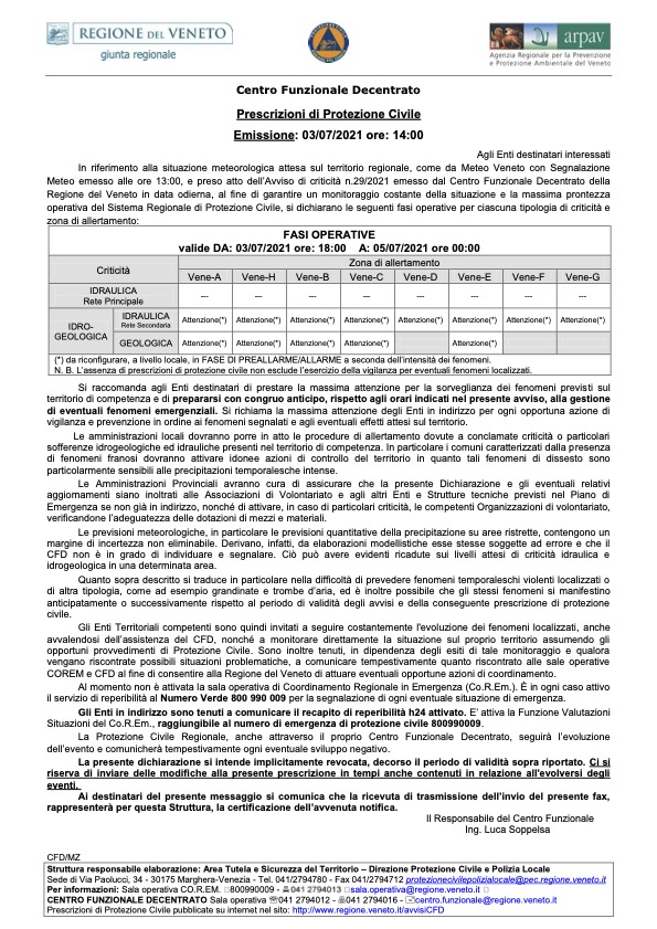 Prescrizioni di Protezione Civile Emissione- 03/07/2021 ore- 14-00