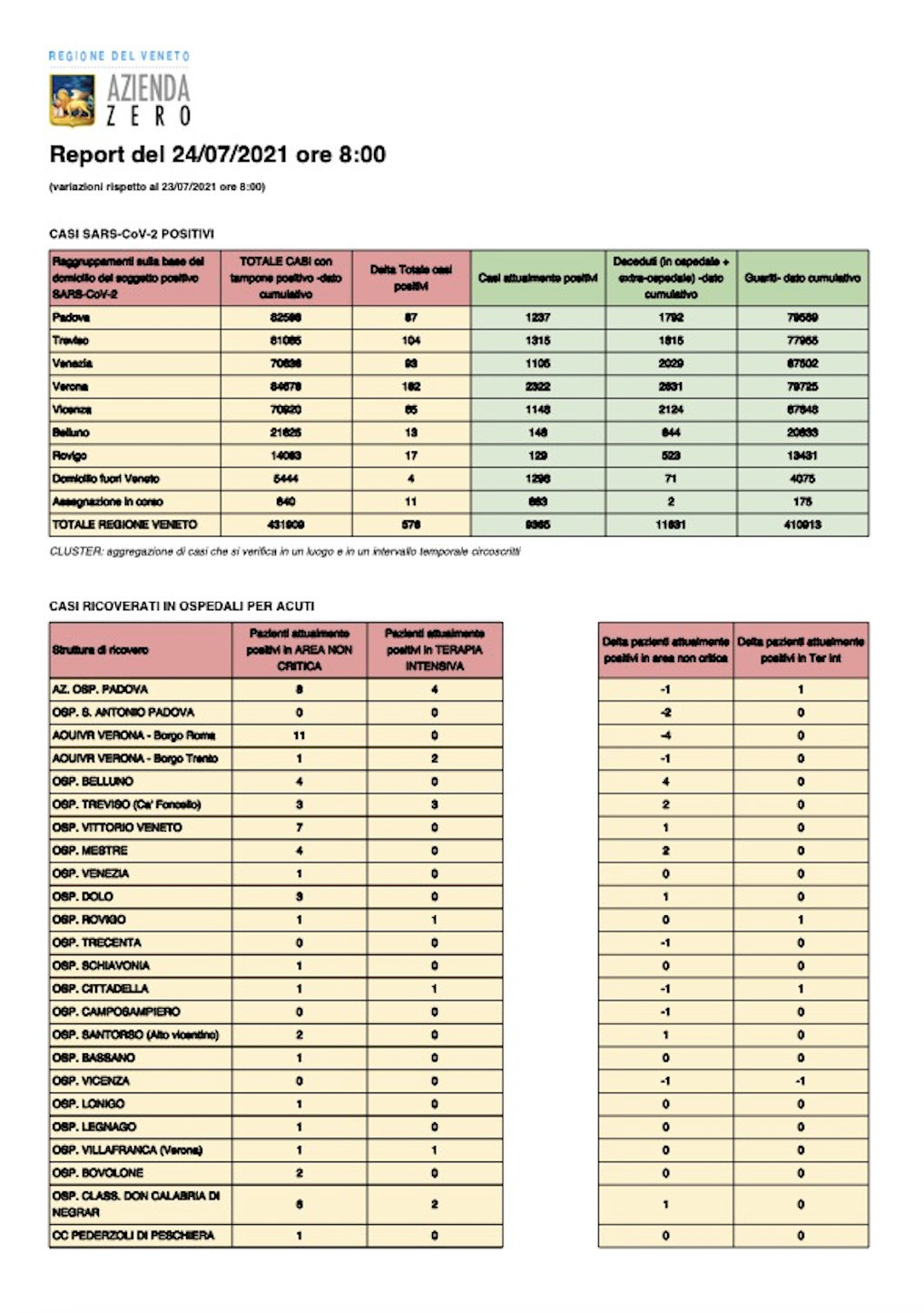 Report Covid regione Veneto del 24 luglio 2021 pagina 1