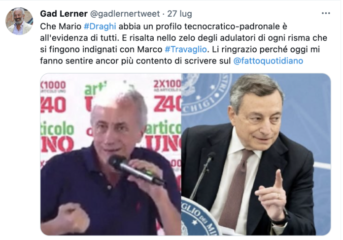 Marco, I love you – Il tweet di Gad Lerner di sostegno a Marco Travaglio, attaccato per i suoi attacchi a Draghi. Lerner, è sempre più anti padronale, un ritorno a tempi in cui era un militante di Lotta Continua. Marco, I love you – Il tweet di Gad Lerner di sostegno a Marco Travaglio, attaccato per i suoi attacchi a Draghi. Lerner, è sempre più anti padronale, un ritorno a tempi in cui era un militante di Lotta Continua.