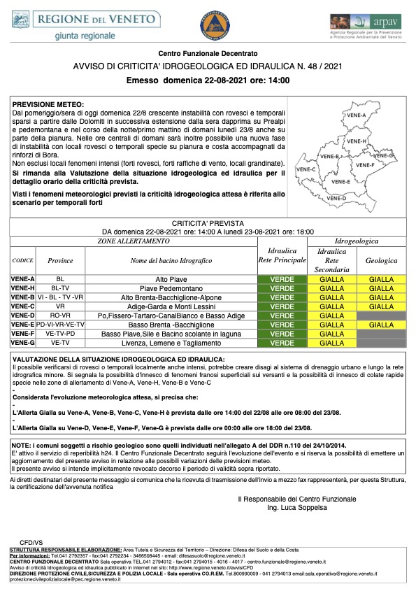 AVVISO DI CRITICITA' IDROGEOLOGICA ED IDRAULICA N. 48 / 2021 Emesso domenica 22-08-2021 ore: 14:00